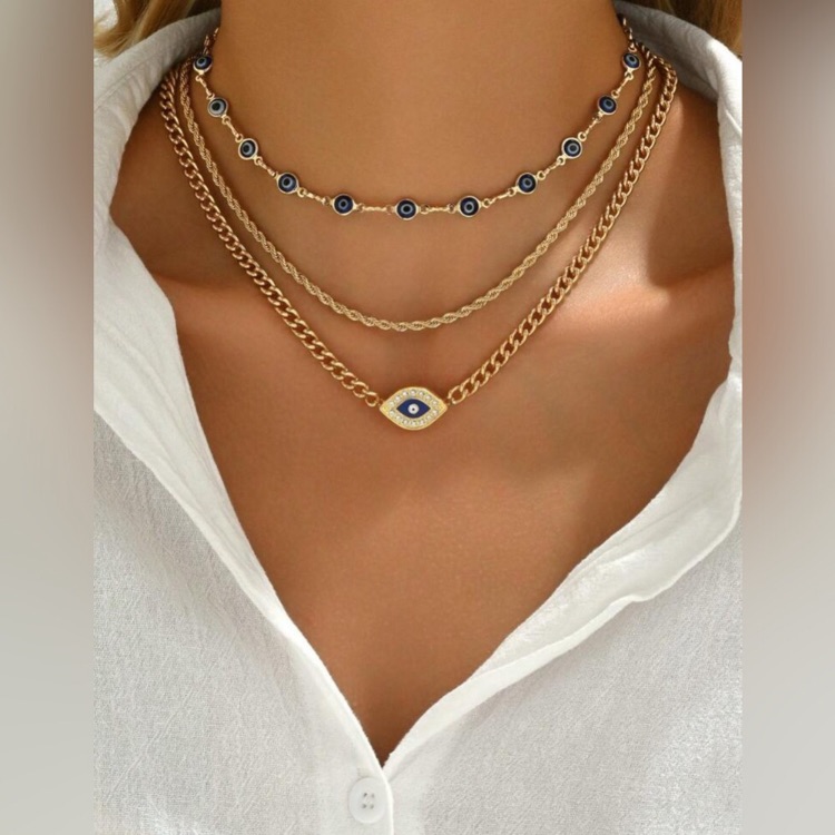 18k Gold Plated And Blue 3pc Evil Eye Necklace Set
